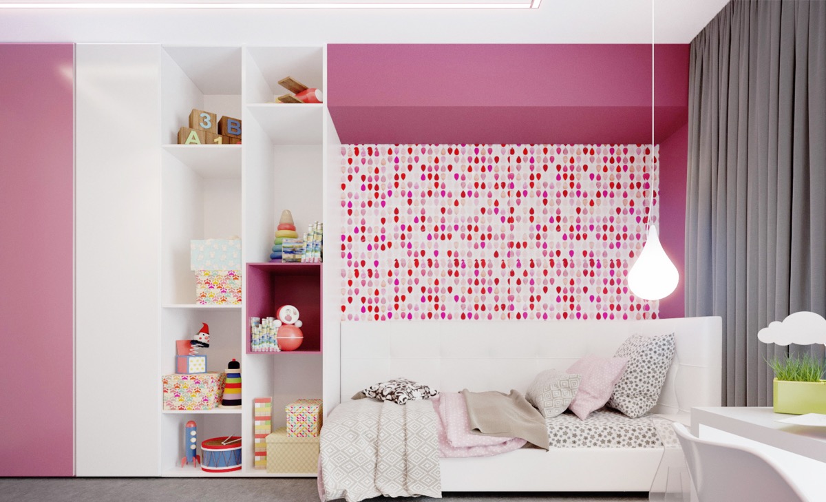 Hình ảnh giường ngủ tích hợp tủ kệ lưu trữ tông màu hồng, trắng trong phòng ngủ của trẻ