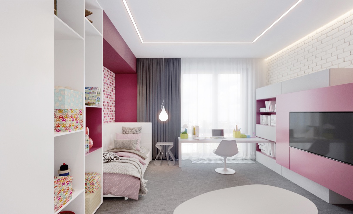 Hình ảnh toàn cảnh phòng ngủ bé gái với sự phối kết ăn ý của 3 tông màu hồng - trắng - xám