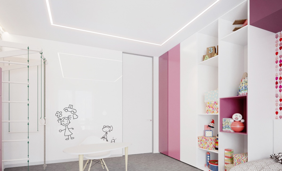 Hình ảnh một góc phòng của trẻ với sắc hồng - trắng chủ đạo, kệ tủ lưu trữ cao kịch trần.