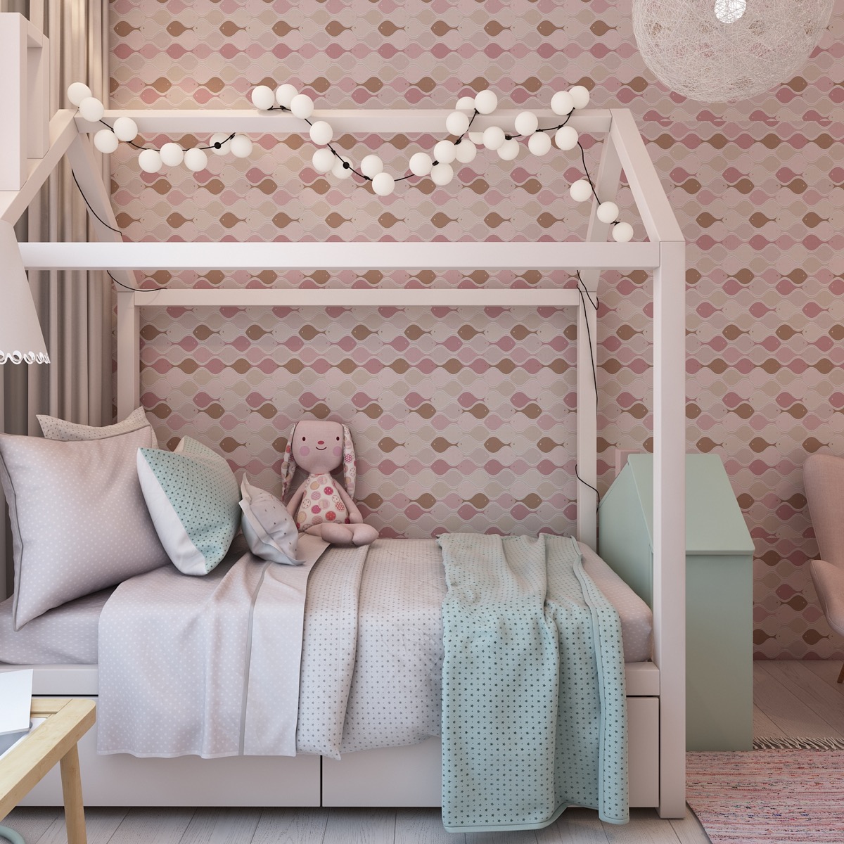 Hình ảnh cận cảnh giường tầng với sắc hồng ngọt ngào, nhấn nhá màu xanh bạc hà.