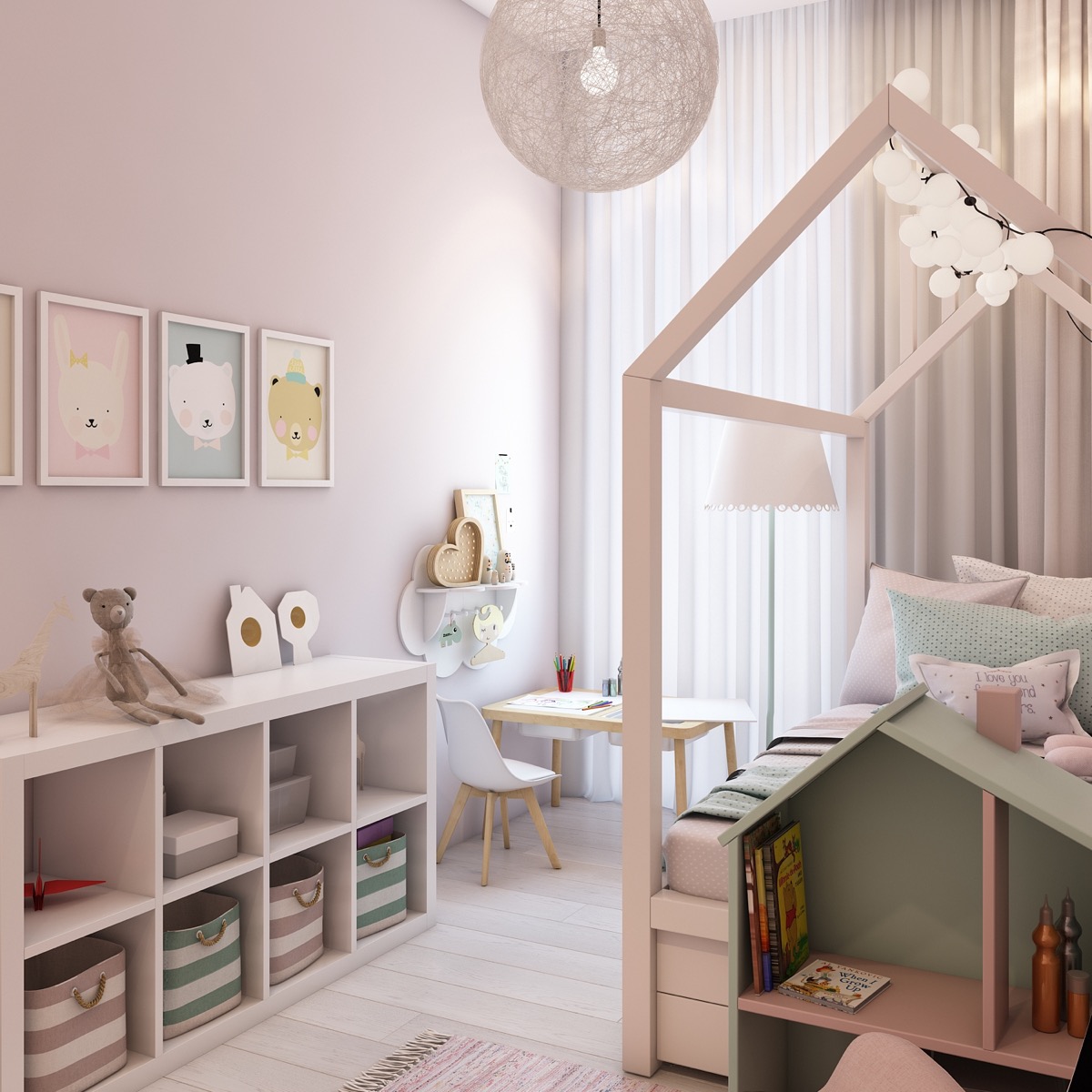Hình ảnh phòng ngủ của trẻ được trang trí màu hồng phấn, tranh treo tường ngộ nghĩnh, khung giường hình ngôi nhà đáng yêu.