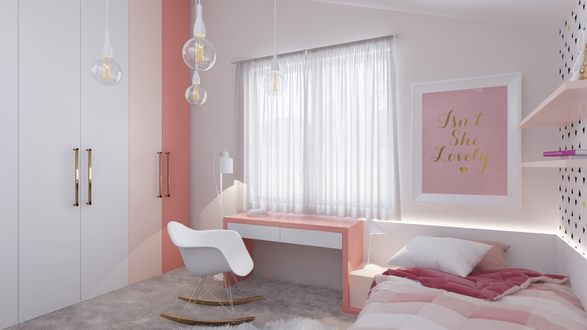 Một góc phòng ngủ với giường nệm êm ái, bàn học màu hồng đặt cạnh cửa sổ kính, đèn thả trần mặt dây chuyền tạo điểm nhấn.