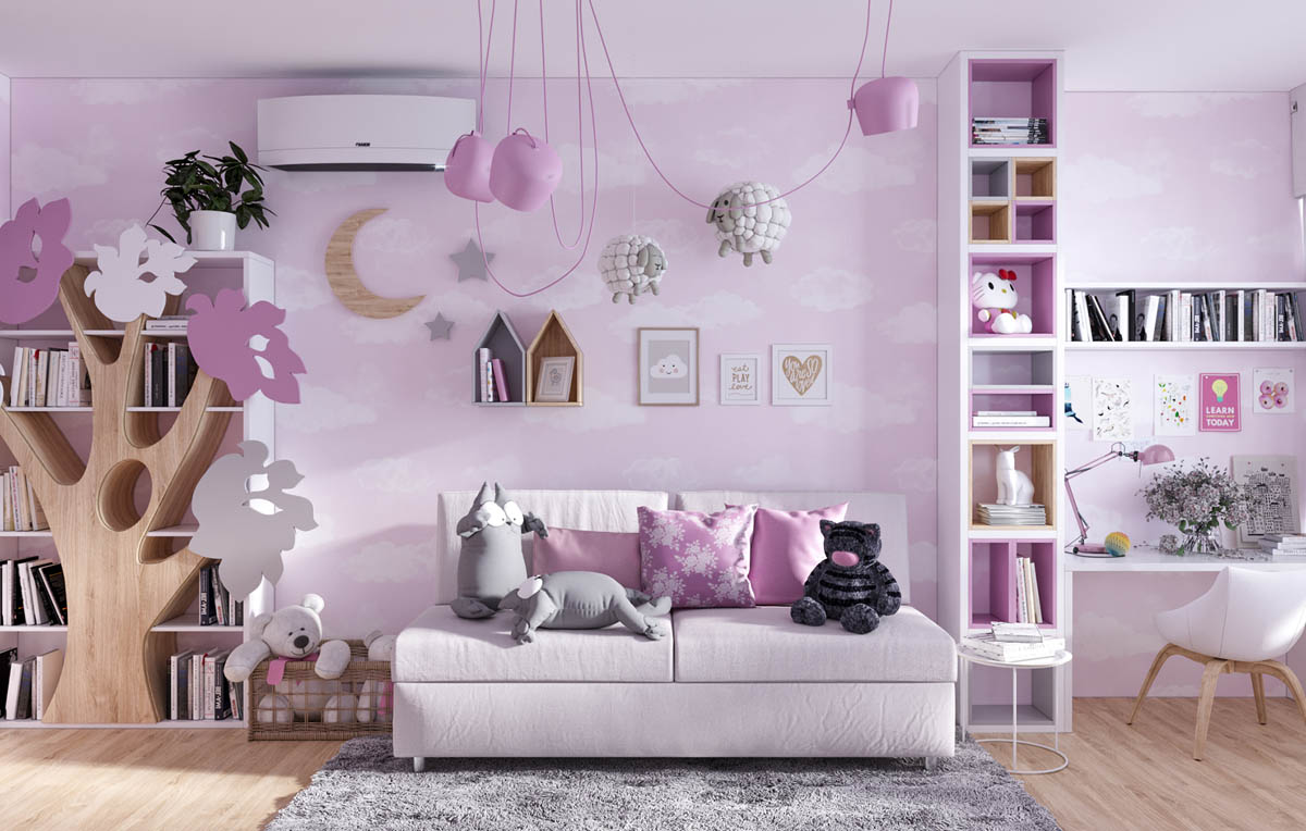Hình ảnh cận cảnh một góc phòng bé gái với tường, đèn màu hồng, giá sách hình cây độc đáo
