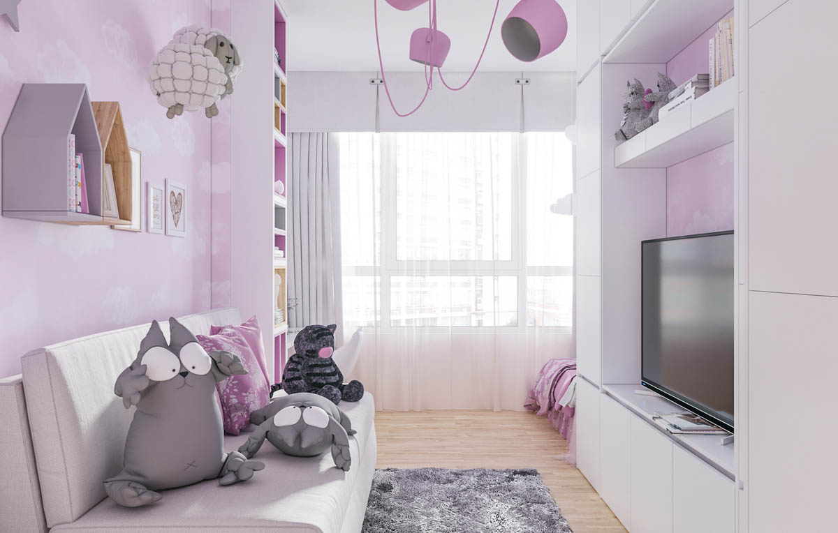 Hình ảnh một góc phòng của trẻ với sofa, tường, tủ kệ màu hồng nhạt