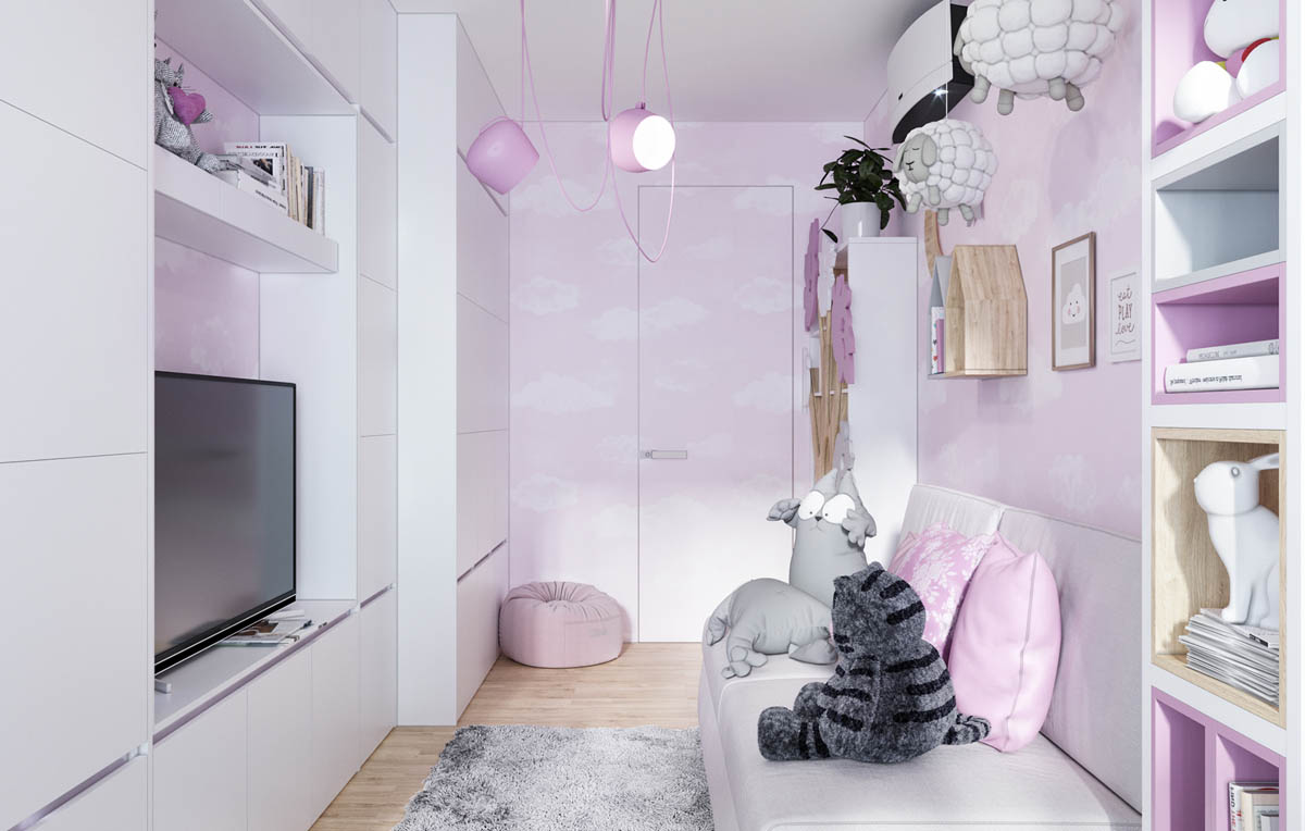 Hình ảnh toàn cảnh căn phòng của trẻ với tường màu hồng nhạt, ghế ngồi, gối tựa, giá kệ sử dụng sắc hồng đậm hơn.