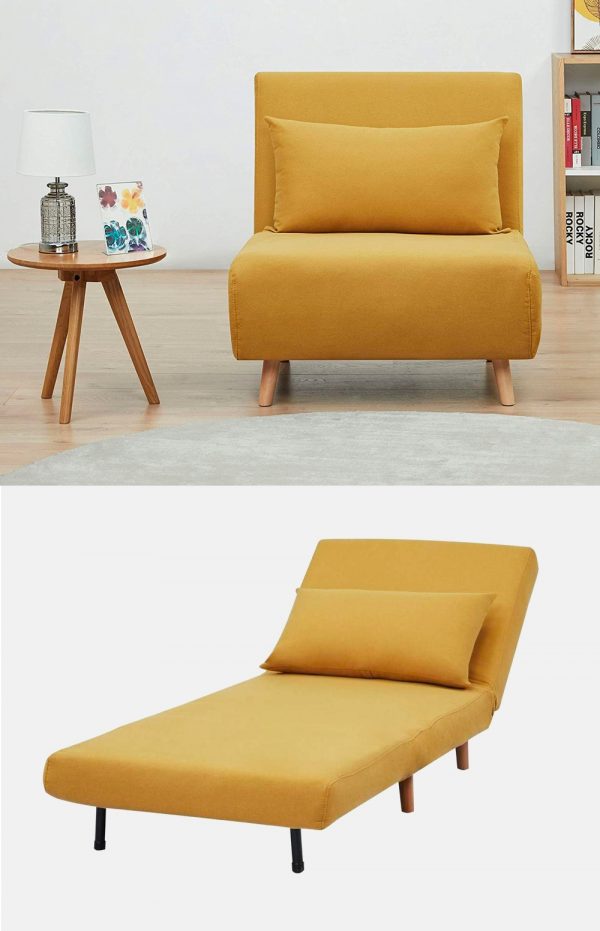 Hình ảnh cận cảnh mẫu ghế ngủ màu vàng mù tạt khi sử dụng và khi gấp gọn.