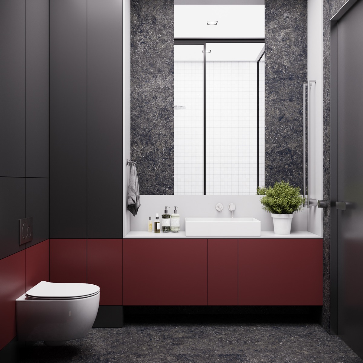 Hình ảnh phòng tắm hiện đại sử dụng màu xám đen, đỏ ấn tượng