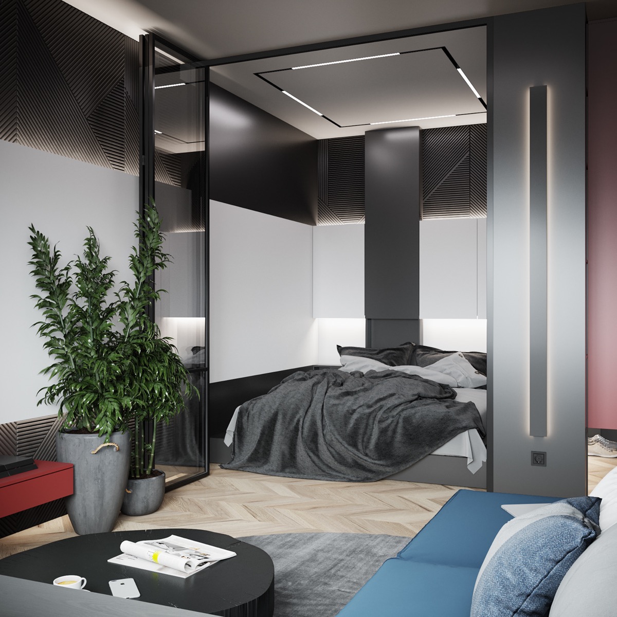 Hình ảnh toàn cảnh phòng ngủ với ga gối màu xám, đen, đèn LED trang trí tạo thành hình vuông trên trần nhà.