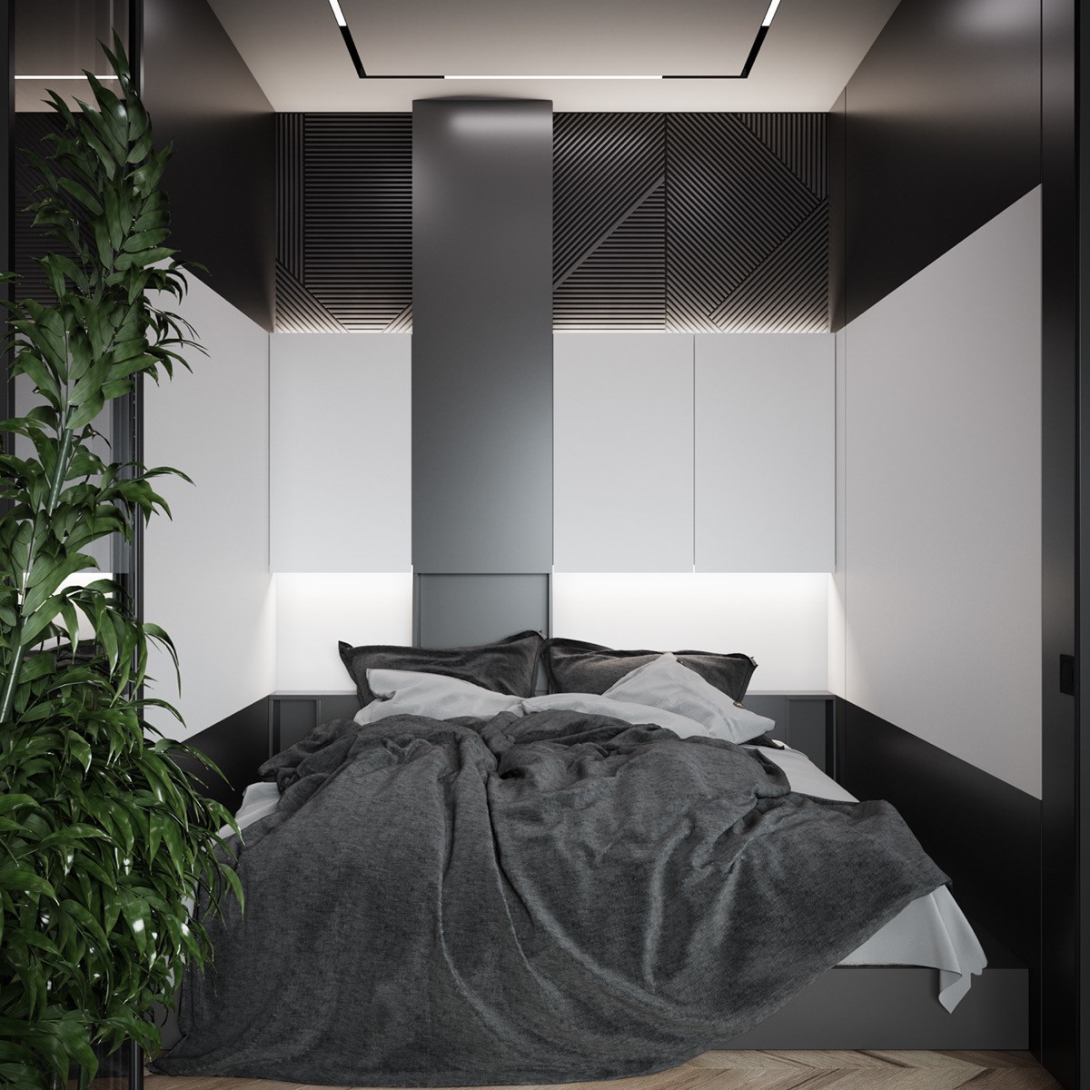 Hình ảnh cận cảnh phòng ngủ với ga gối màu xám, đen, cây xanh trang trí, đèn LED đầu giường