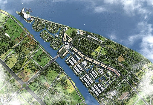 Hình ảnh phối cảnh tổng thể một dự án khu đô thị mới nhìn từ trên cao với những tòa nhà cao tầng, thấp tầng xen kẽ công viên, cây xanh, bao quanh là sông nước