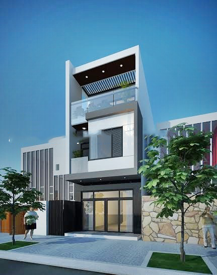 Hình ảnh phối cảnh mẫu nhà phố 3 tầng được thiết kế gọn đẹp, tầng 1 sử dụng cho mục đích kinh doanh, sân thượng trồng cây xanh.