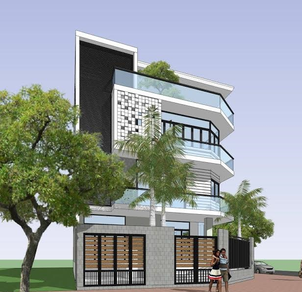 Hình ảnh phối cảnh 3D nhà phố hai mặt tiền vát góc với ngoại thất màu trắng sáng chủ đạo