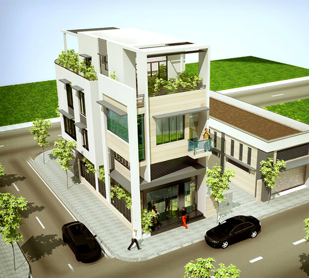 Hình ảnh phối cảnh 3D mẫu nhà phố 3 tầng với sắc trắng bao phủ ngoại thất, cây xanh tạo điểm nhấn.