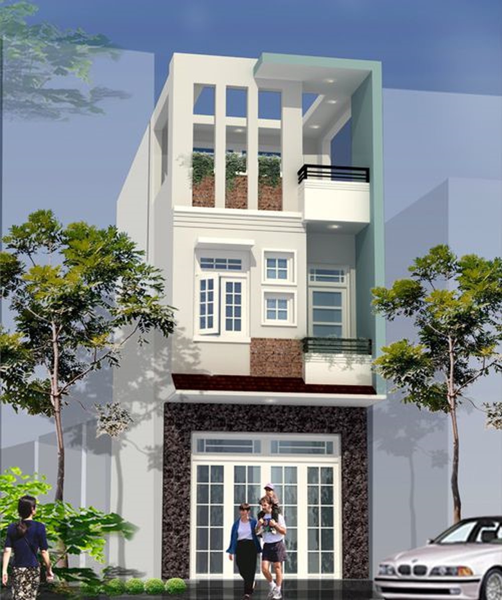 Hình ảnh phối cảnh mẫu nhà phố 3 tầng hiện đại với tầng 1 kinh doanh, tầng 2 và 3 dể ở, phía trước là đường nhựa rộng thoáng, ô tô đậu đỗ.