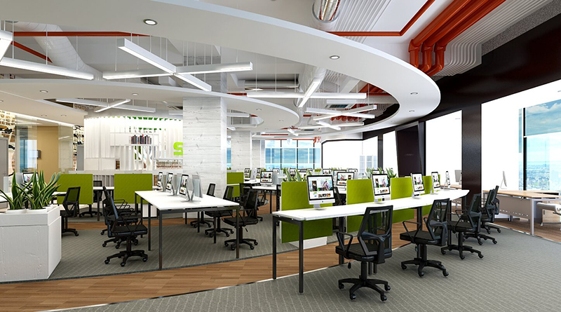 Toàn cảnh một văn phòng với nhiều bàn ghế hiện đại, ghế ngồi màu xanh