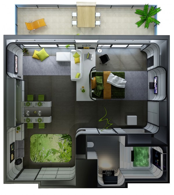 Hình ảnh mẫu căn hộ studio màu xám đen chủ đạo với điểm nhấn xanh lá đến từ thảm trải sàn, ghế ăn, gối tựa
