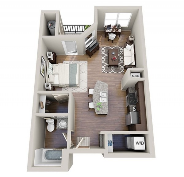 Hình ảnh phối cảnh mẫu căn hộ nhỏ với phòng ngủ mở liên thông với phòng khách