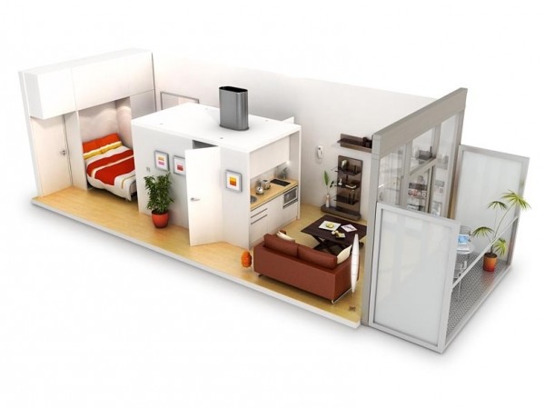 Hình ảnh phối cảnh mẫu căn hộ studio với khối hộp màu trắng ở trung tâm tích hợp bếp nấu, nhà vệ sinh, có ban công thư giãn