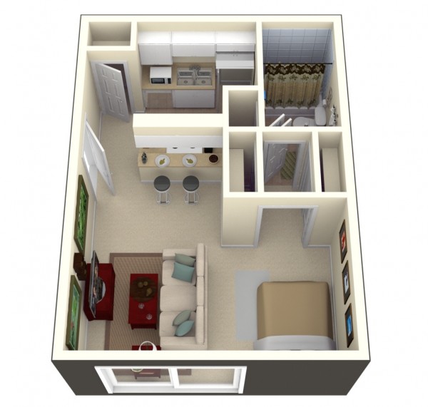 Phối cảnh thiết kế căn hộ nhìn từ trên cao với bếp ăn, phòng khách và phòng ngủ kiểu mở