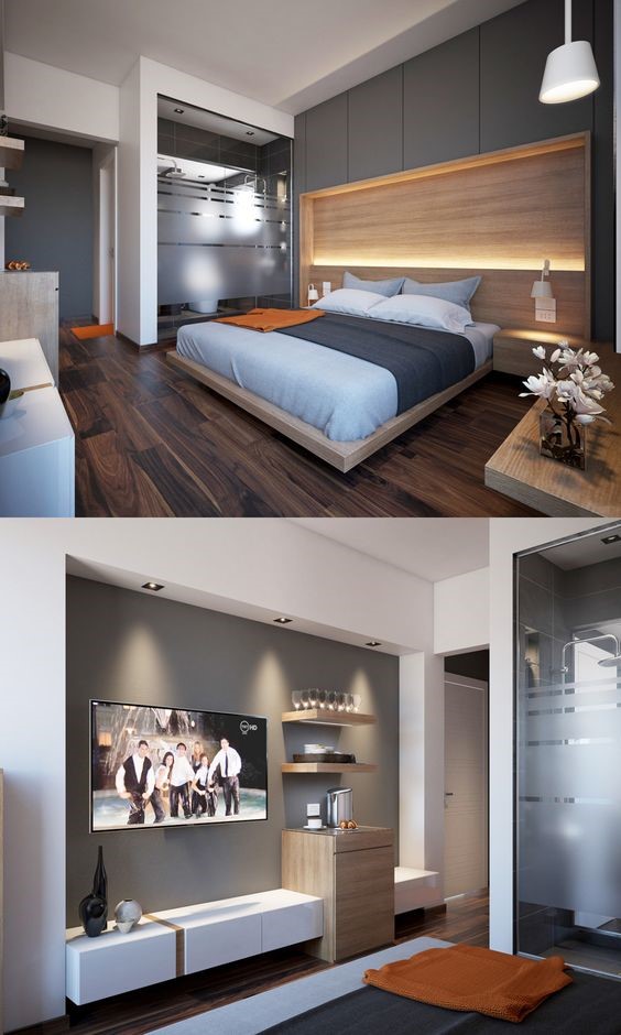 Hình ảnh phòng ngủ master với tông màu trắng xám chủ đạo, tủ kệ tivi đối diện giường