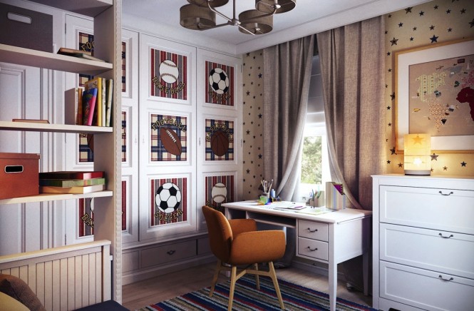 Hình ảnh phòng học với bàn tủ ngăn kéo màu trắng, rèm cửa sổ sát trần, tranh tường hình quả bóng