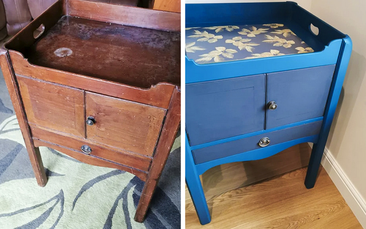 Hình ảnh tủ gỗ cũ kỹ và sau khi được sơn màu xanh nước biển