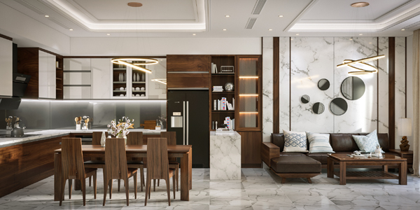 Hình ảnh toàn cảnh phòng bếp ăn sang trọng được thiết kế liên thông với phòng khách nhà ống 3 tầng