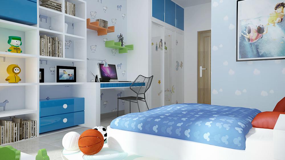 Hình ảnh phòng ngủ của con trai với sắc trắng chủ đạo, nhấn nhá màu xanh da trời