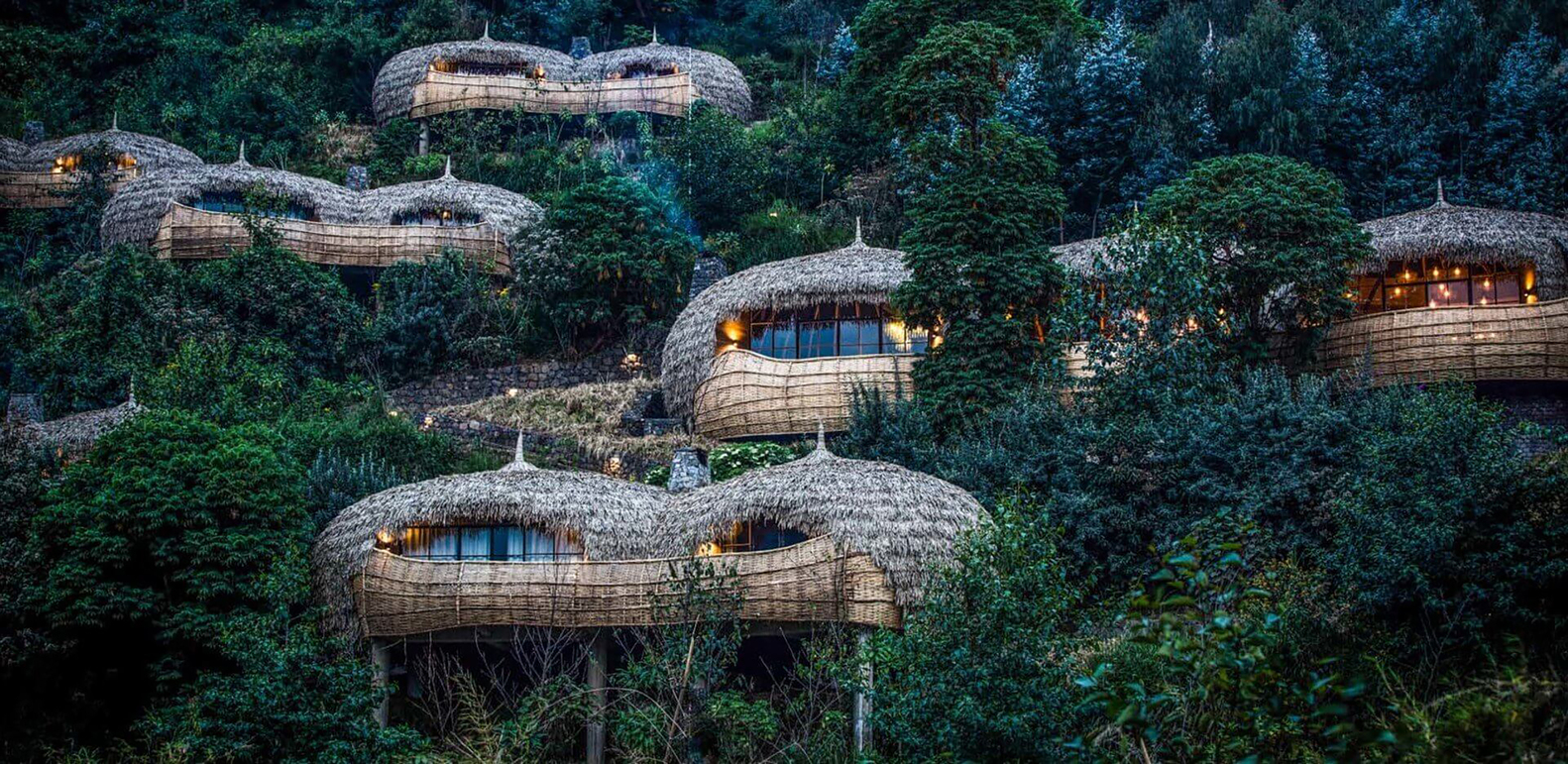 Hình ảnh toàn cảnh nhà nghỉ dưỡng độc đáo ở châu Phi với mái lợp lá, xung quanh là rừng xanh