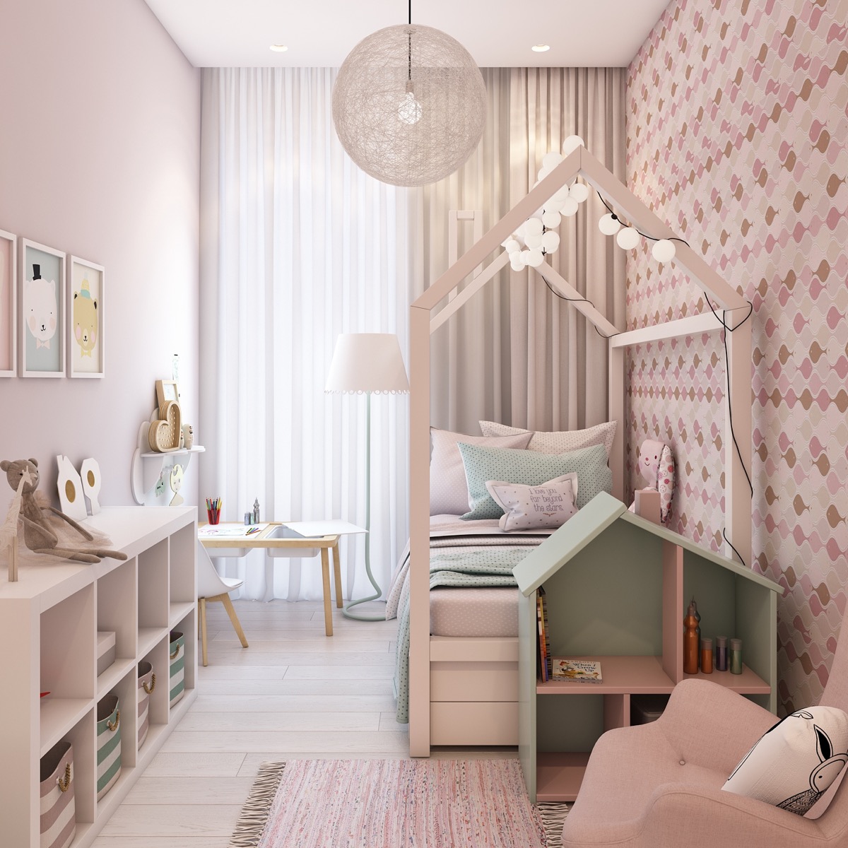 Hình ảnh phòng ngủ bé gái sử dụng màu hồng pastel, giường khung hình ngôi nhà, đèn thả độc đáo