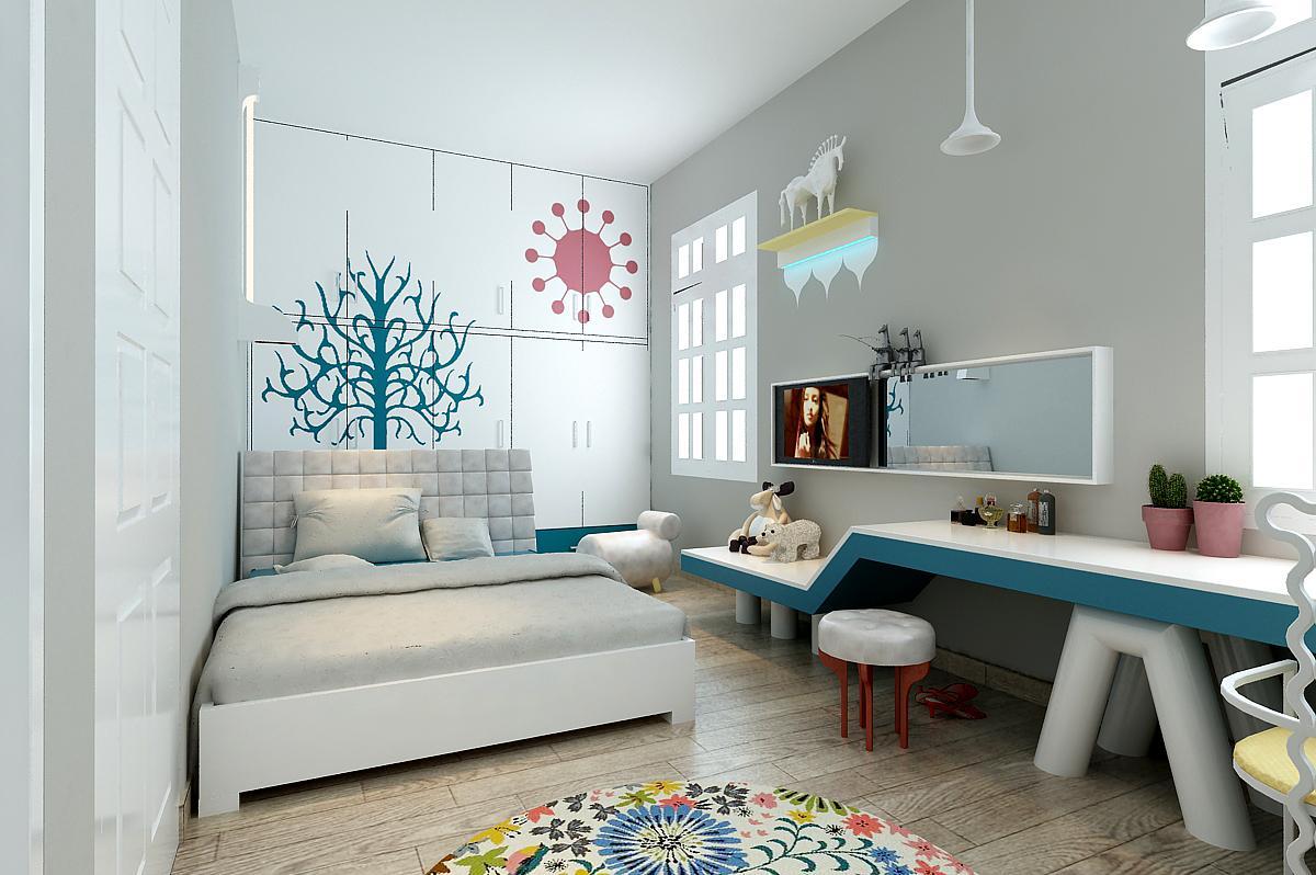 Hình ảnh phòng ngủ bé trai với tranh cây đầu giường, dải bàn gắn tường, thảm tròn màu sắc