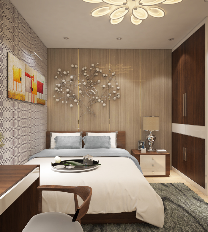 Hình ảnh phòng ngủ ấn tượng với tường đầu giường ốp gỗ, gắn đèn trang trí, tường dán giấy kết hợp treo tranh, đèn chùm sang trọng
