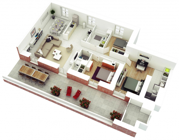 Hình ảnh phối cảnh 3D nội thất căn hộ 3 phòng ngủ