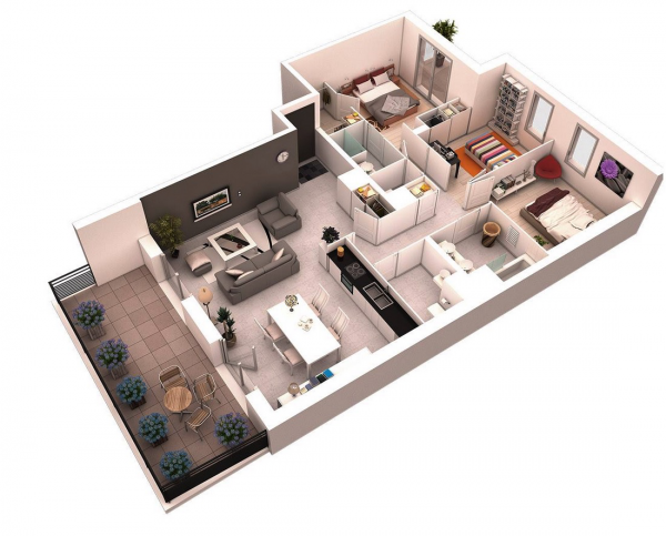 Hình ảnh mẫu căn hộ 3 phòng ngủ có bàn ăn đặt trong bếp