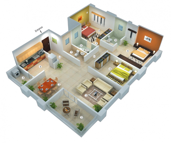 Hình ảnh mẫu 3D căn hộ thoáng đẹp gồm 3 phòng ngủ, 2 vệ sinh