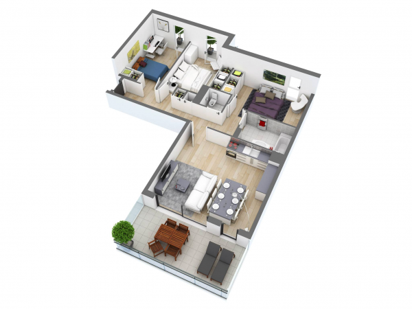Hình ảnh phối cảnh 3D căn hộ 3 phòng ngủ với không gian riêng đối diện với khu vực sinh hoạt chung