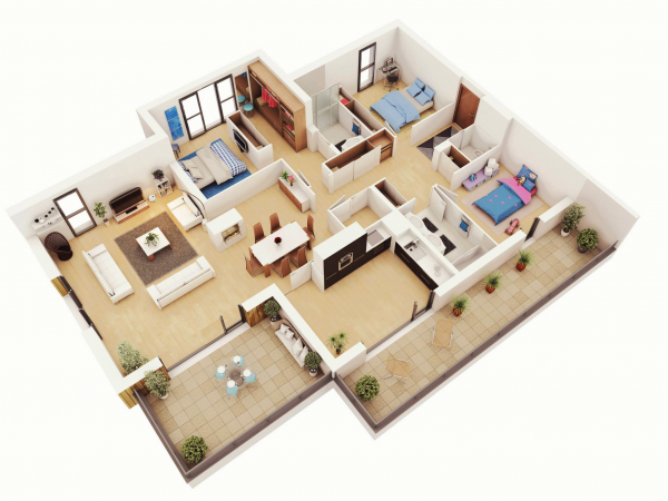 Hình ảnh phối cảnh 3D căn hộ có phòng ngủ chính tích hợp góc thay đồ tiện dụng
