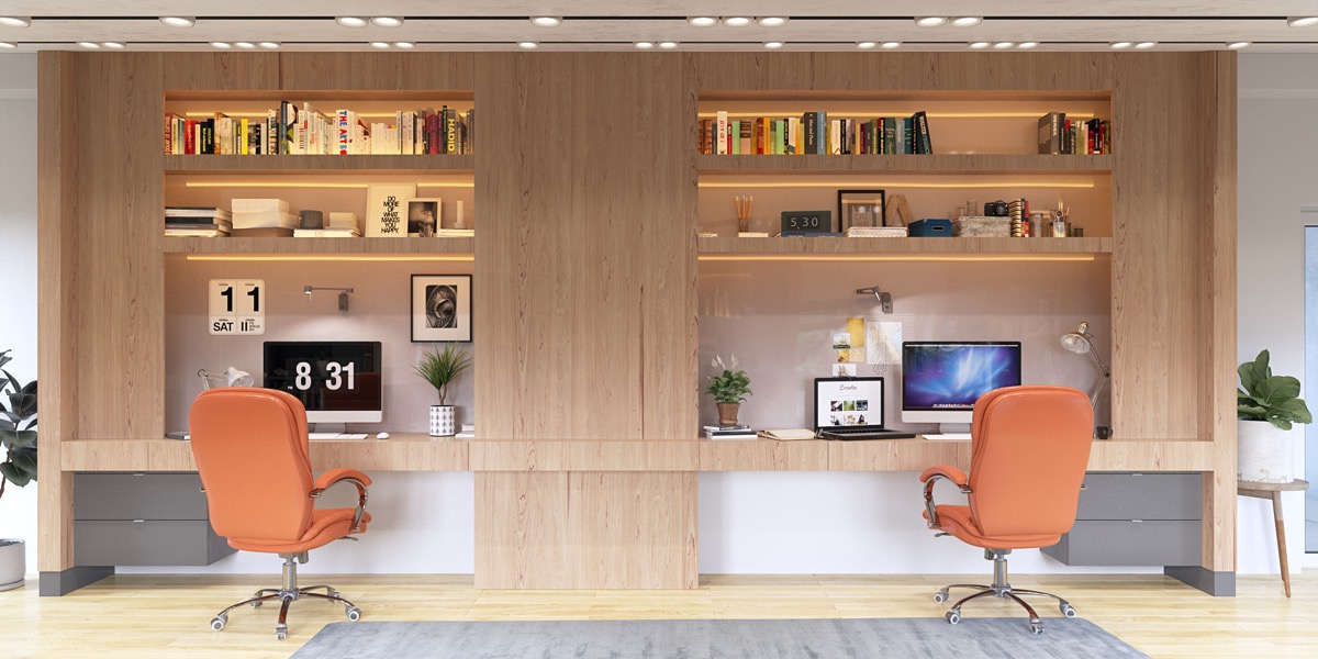 Hình ảnh văn phòng tại nhà cho 2 người với ghế màu cam nổi bật