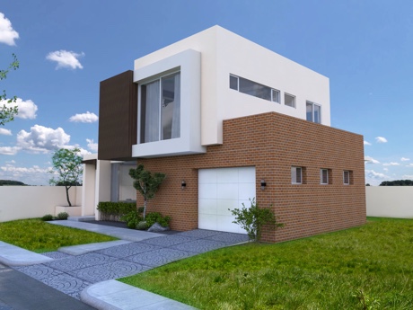 Hình ảnh phối cảnh 3D mẫu nhà 2 tầng với gara ô tô được thiết kế kiểu khép kín với tường gạch nung đỏ bao quanh, nổi bật trên nền cỏ xanh mướt.