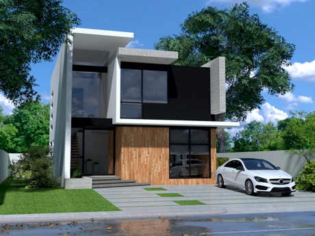 Hình ảnh phối cảnh 3D mẫu nhà 2 tầng hiện đại với mặt tiền kính trong suốt, cầu thang bên hông, bãi đậu xe phía trước