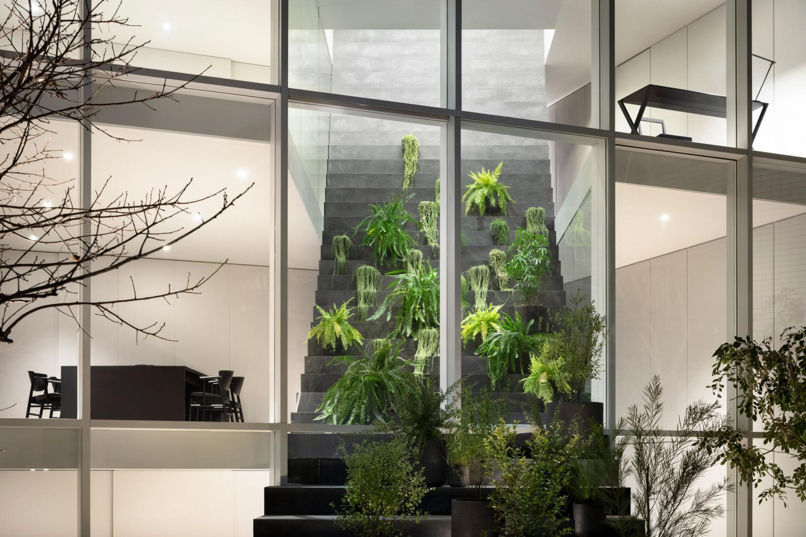 Hình ảnh cận cảnh cầu thang giả trong ngôi nhà, nơi bài trí nhiều cây xanh