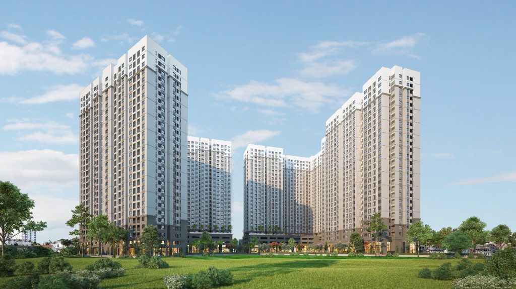 Hình ảnh một dự án chung cư gồm nhiều khối nhà cao tầng xếp thành hình chữ U, bên dưới là khuông viên xanh.