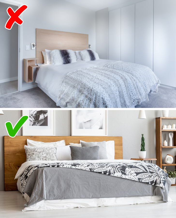 Hình ảnh phòng ngủ phong cách tối giản trước và sau khi thêm tranh tường, kệ gỗ, cây xanh