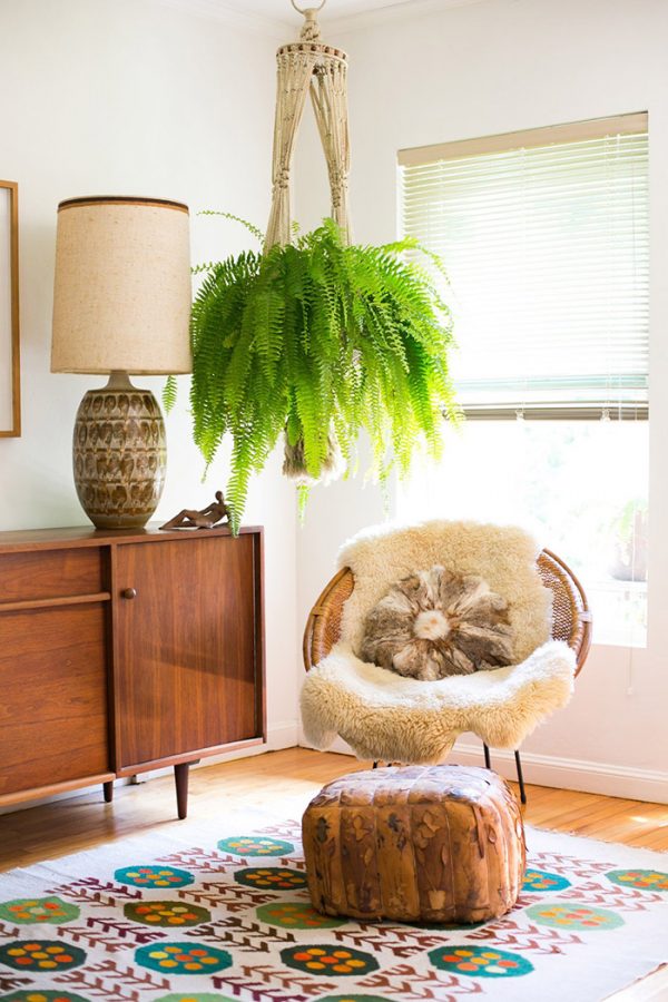 Hình ảnh góc đọc sách tại nhà với ghế mấy lót lông, thảm trải thổ cẩm, chậu cây dương xỉ treo
