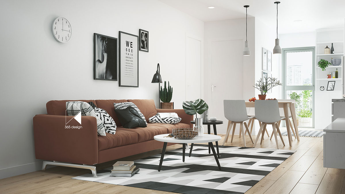Hình ảnh phòng khách kết hợp không gian ăn uống với sofa nâu, bàn trà tròn,thảm đen - trắng, đồng hồ và tranh tường, cạnh đó là bàn ăn 4 người
