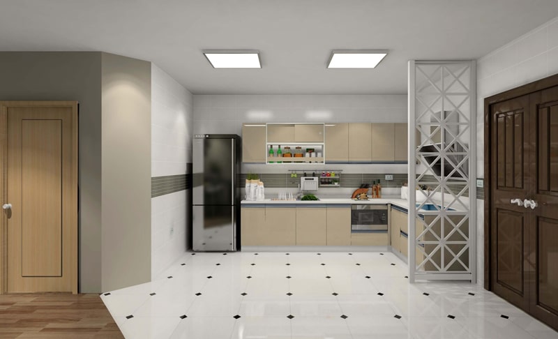 Hình ảnh phòng bếp hiện đại với sàn họa tiết đen, đèn vuông ốp trần