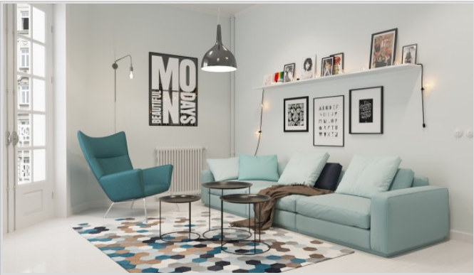 Hình ảnh phòng khách tươi sáng với sofa và ghế bành màu xanh ngọc lam đặt trên thảm trải họa tiết hình học bắt mắt