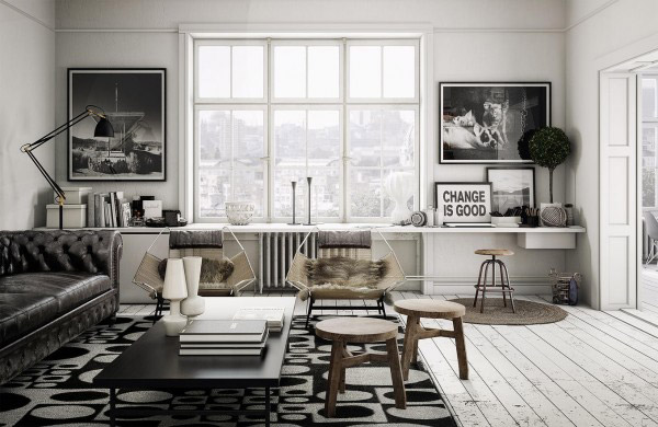 Hình ảnh phòng khách màu xám, trắng, gỗ chủ đạo với cửa sổ kính lớn, trang trí đối xứng hai bên