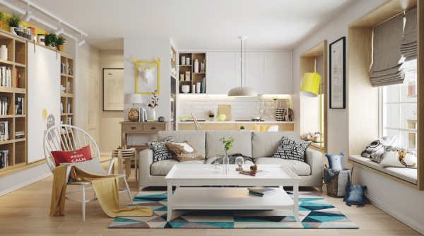 Hình ảnh phòng khách căn hộ Scandinavian với sofa xám, điểm nhấn màu xanh dương từ thảm trải, đèn chụp, khung tranh màu vàng