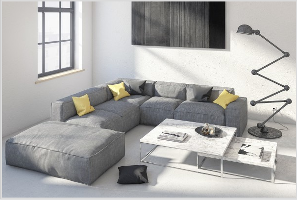 Hình ảnh phòng khách kết hợp giữa phong cách Bắc Âu và tối giản với sofa xám êm ái, đèn sàn độc đáo